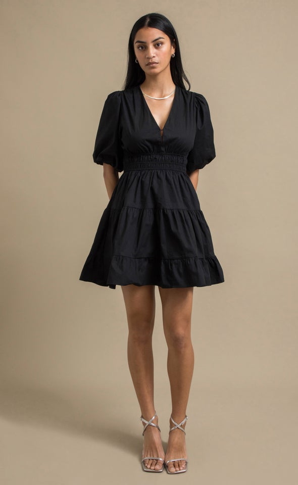 Cotton Puff Sleeve Short Tier Dress Black