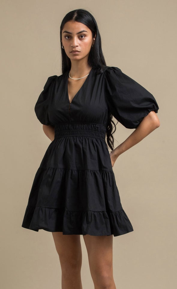 Cotton Puff Sleeve Short Tier Dress Black