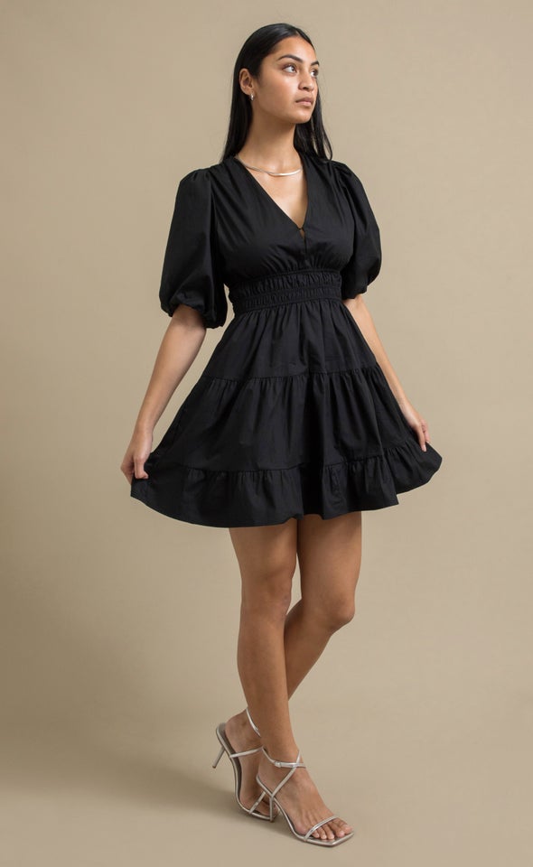 Cotton Puff Sleeve Short Tier Dress Black