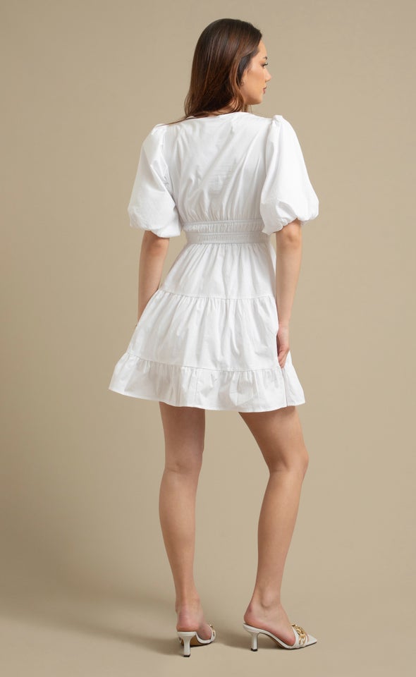 Cotton Puff Sleeve Short Tier Dress Cream