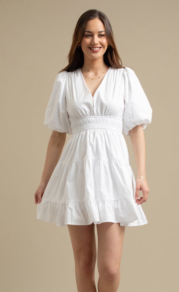 Cotton Puff Sleeve Short Tier Dress Cream