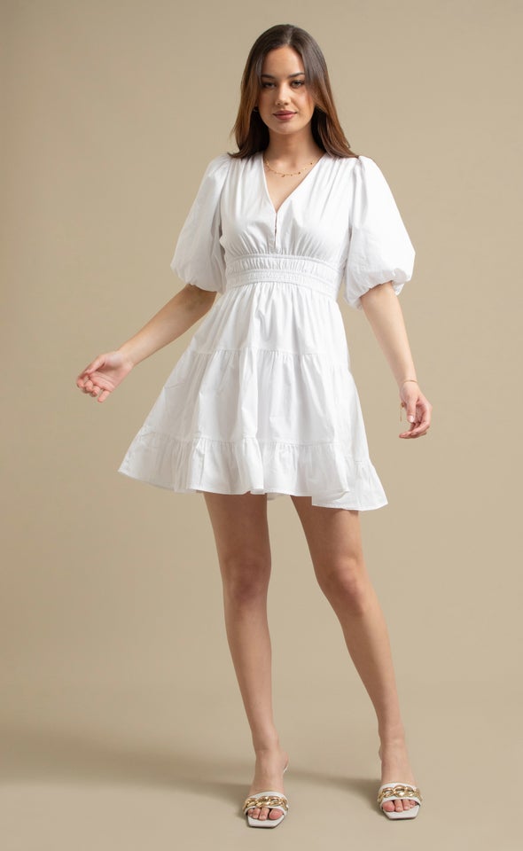 Cotton Puff Sleeve Short Tier Dress Cream