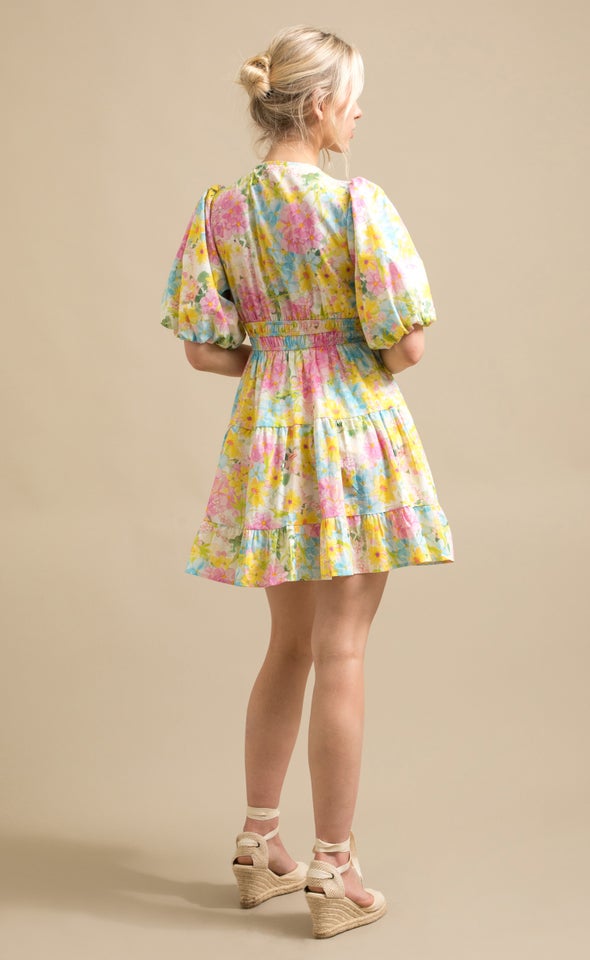 Cotton Puff Sleeve Short Tier Dress Cream/floral