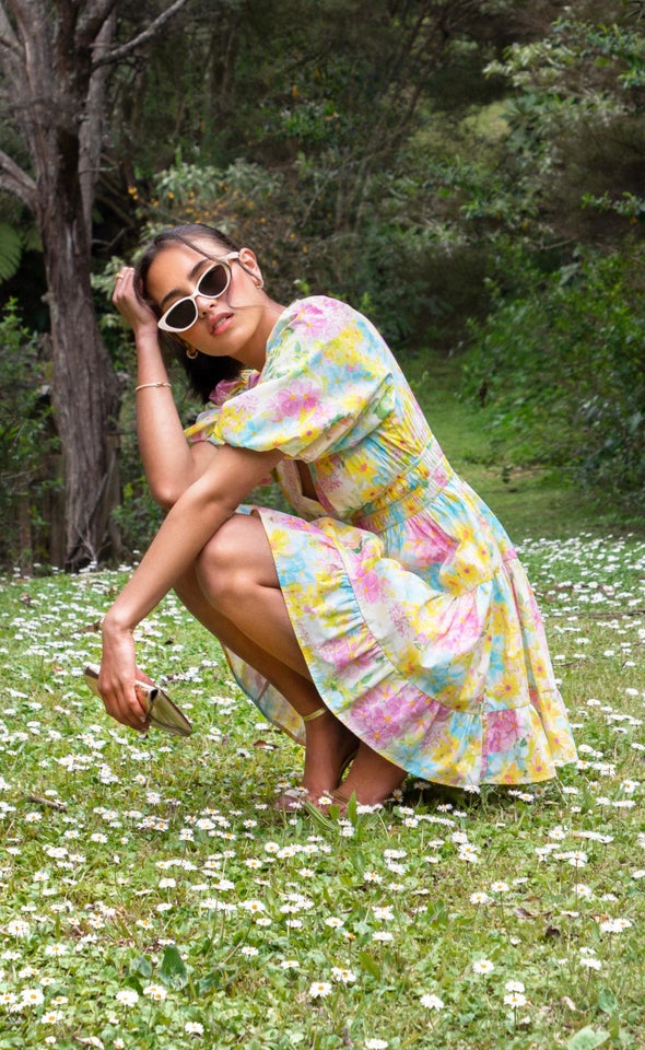 Cotton Puff Sleeve Short Tier Dress Cream/floral