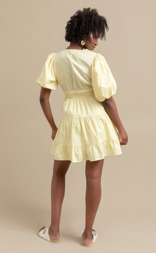 Cotton Puff Sleeve Short Tier Dress Lemon