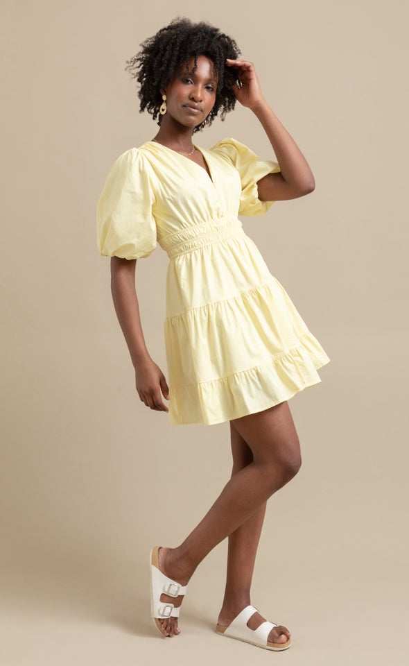 Cotton Puff Sleeve Short Tier Dress Lemon