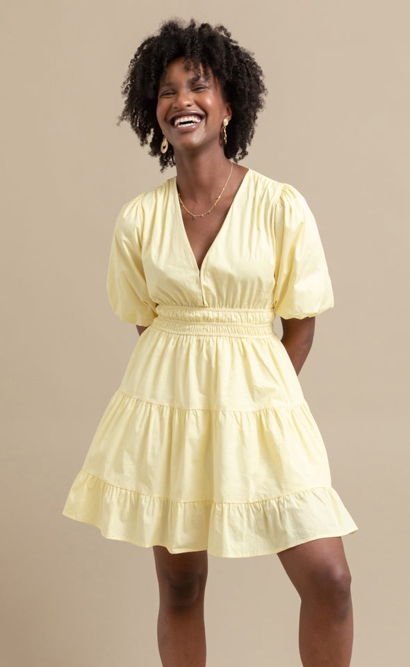 Cotton Puff Sleeve Short Tier Dress Lemon