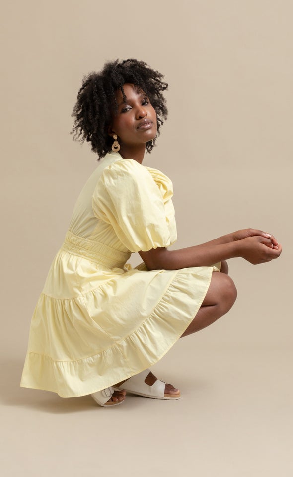 Cotton Puff Sleeve Short Tier Dress Lemon