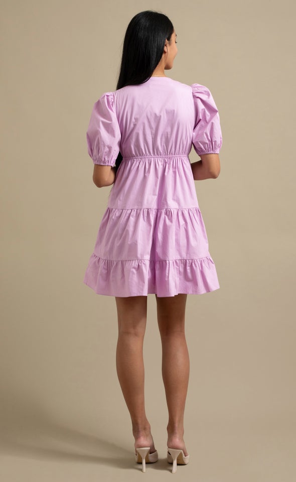 Cotton Puff Sleeve Tier Dress Light Orchid