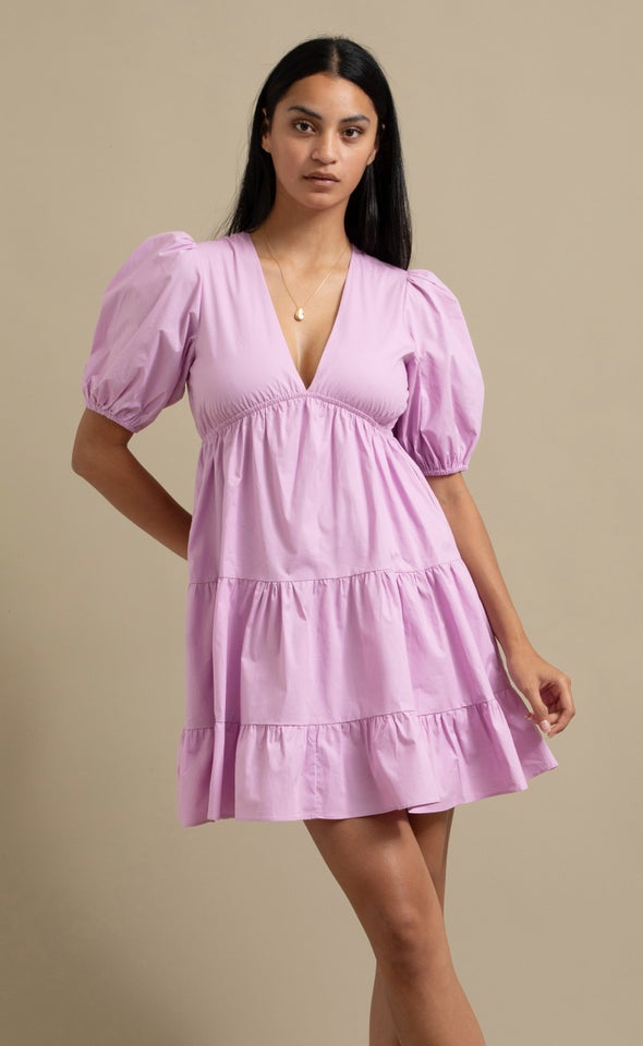 Cotton Puff Sleeve Tier Dress Light Orchid