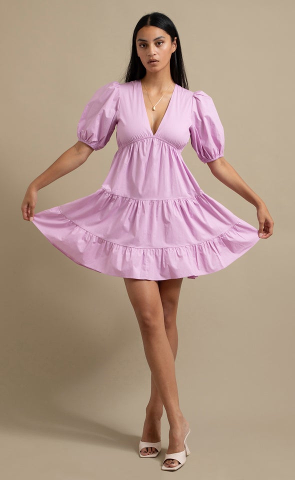 Cotton Puff Sleeve Tier Dress Light Orchid