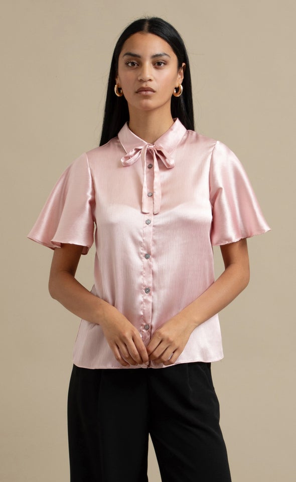 Crinkle Chiffon Flutter Sleeve Shirt Baby Pink