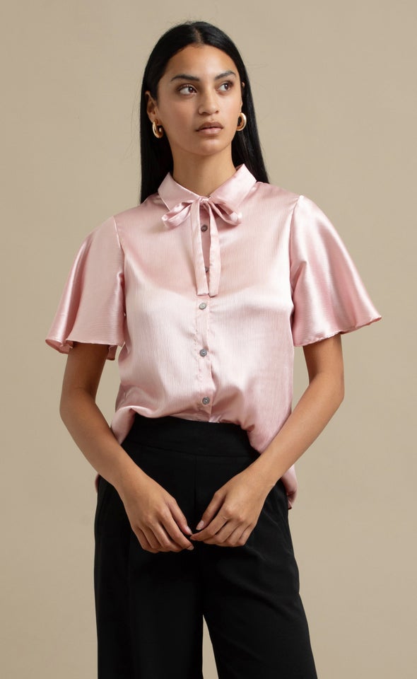 Crinkle Chiffon Flutter Sleeve Shirt Baby Pink