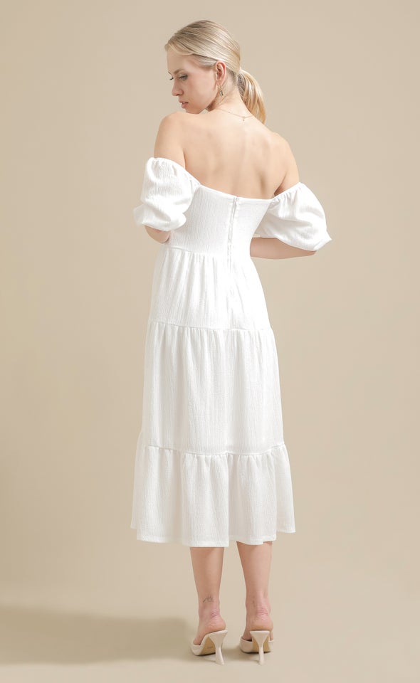 Crinkle Knit Tier Midi Dress White