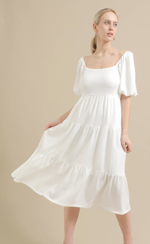 Crinkle Knit Tier Midi Dress White