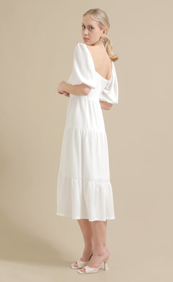 Crinkle Knit Tier Midi Dress White