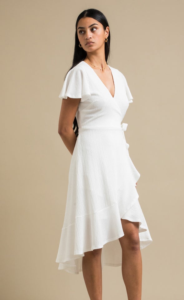 Crinkle Knit Wrap Midi Dress White