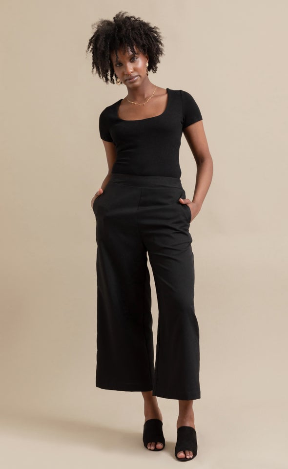 Cropped Linen Look Pants Black