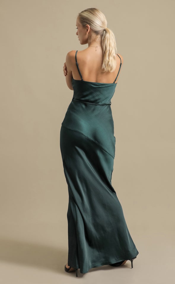 Crushed Satin Split Hem Gown Emerald