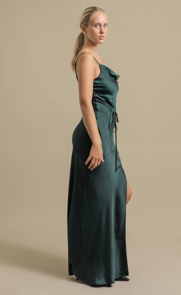 Crushed Satin Split Hem Gown Emerald