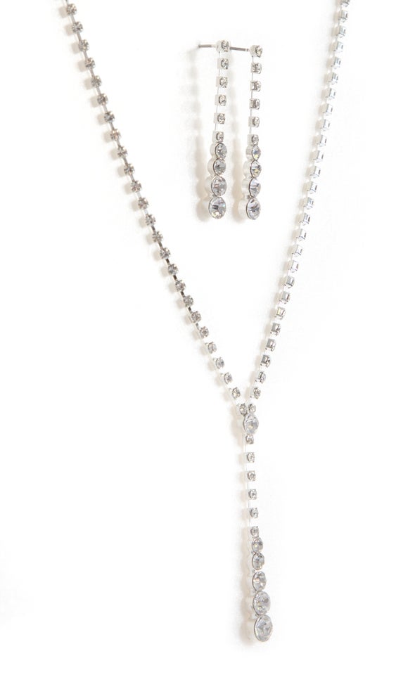 Diamante Drop Necklace Set Silver