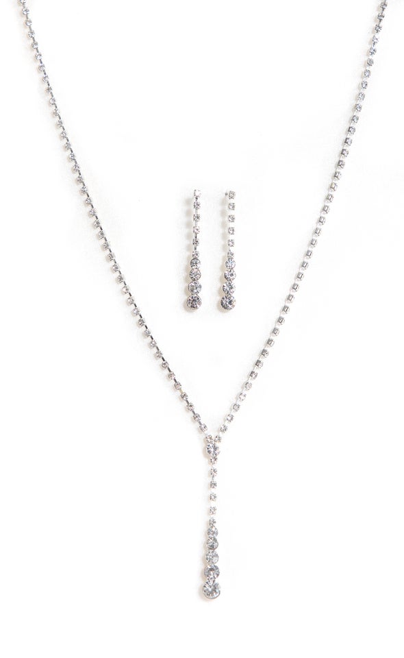 Diamante Drop Necklace Set Silver