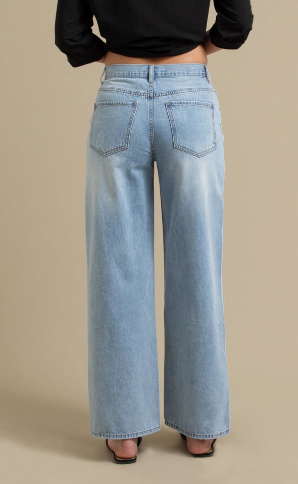 Distressed Detail Wide Leg Jeans Mid Blue