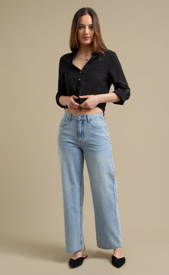 Distressed Detail Wide Leg Jeans Mid Blue