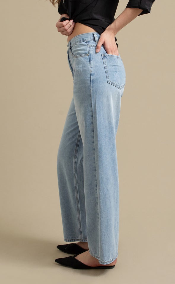 Distressed Detail Wide Leg Jeans Mid Blue