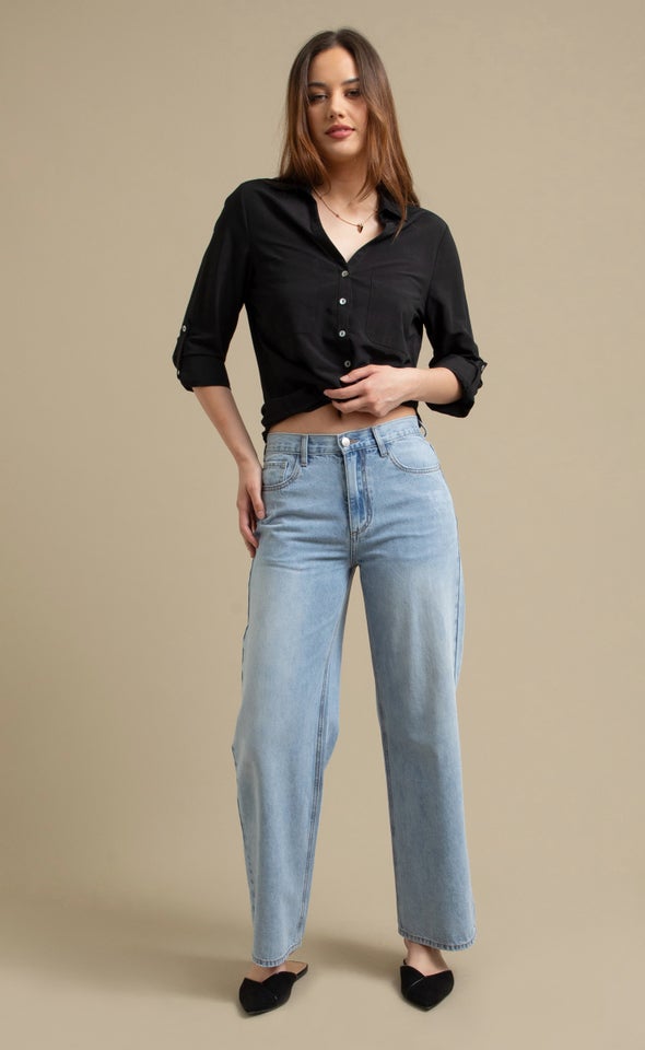 Distressed Detail Wide Leg Jeans Mid Blue