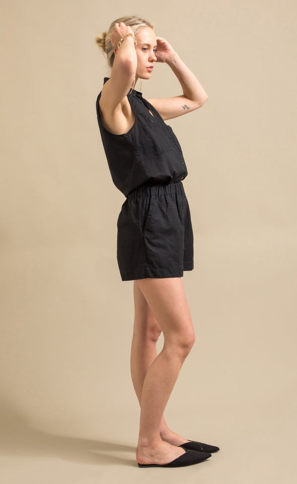 Elastic Waist Linen Blend Short Black