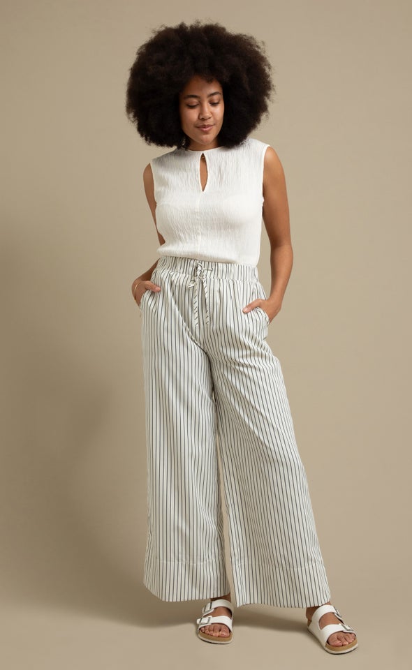 Elastic Waist Wide Summer Pants Cream/black