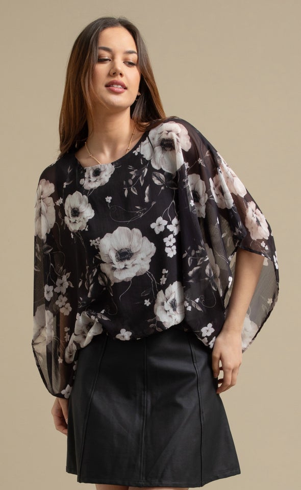 Floral Print Kaftan Top Blush Charcoal Print