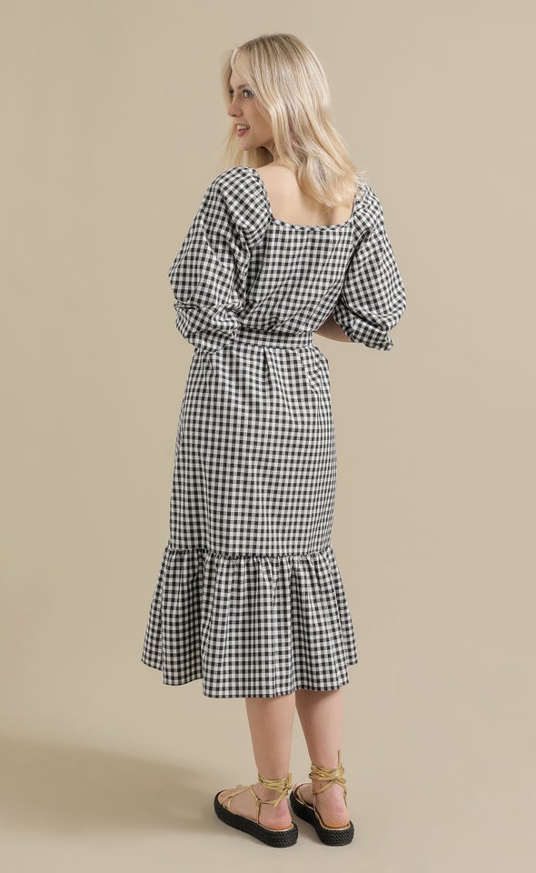 Gingham Gathered Midi Dress Black/cream