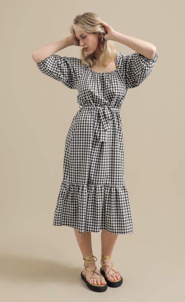 Gingham Gathered Midi Dress Black/cream