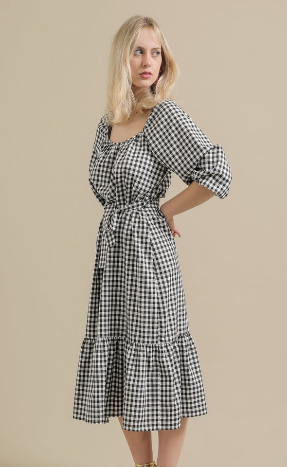 Gingham Gathered Midi Dress Black/cream