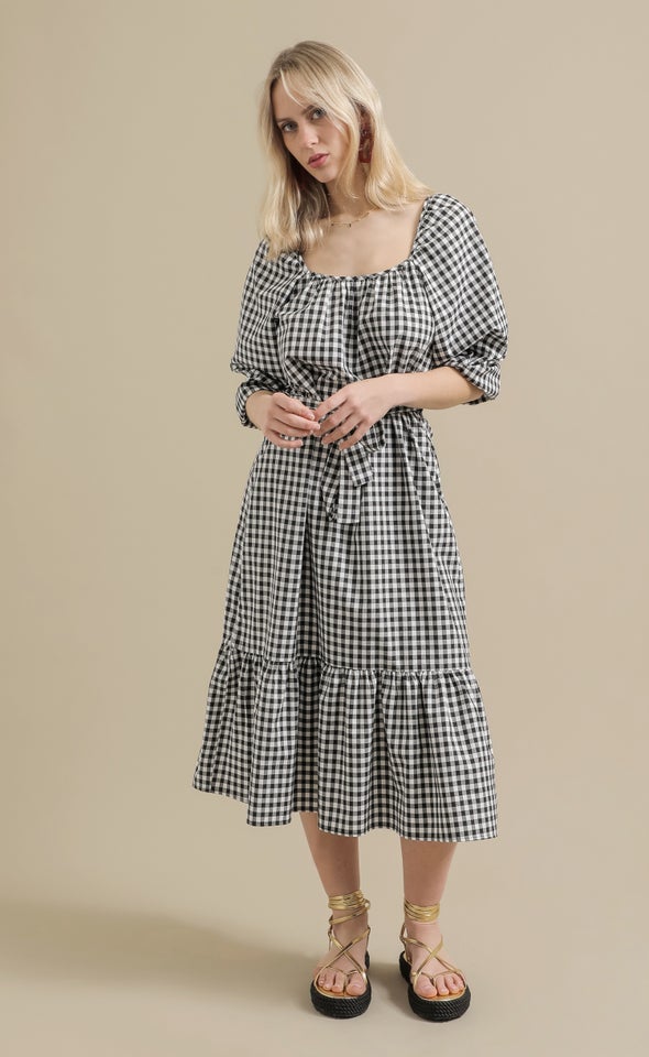 Gingham Gathered Midi Dress Black/cream