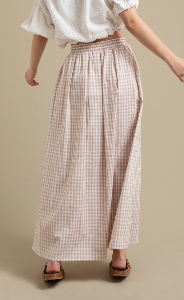 Gingham Maxi Skirt with Pockets Natural/white