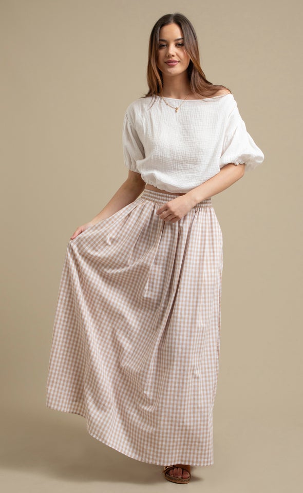 Gingham Maxi Skirt with Pockets Natural/white