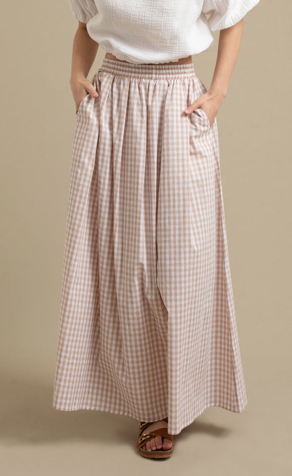 Gingham Maxi Skirt with Pockets Natural/white