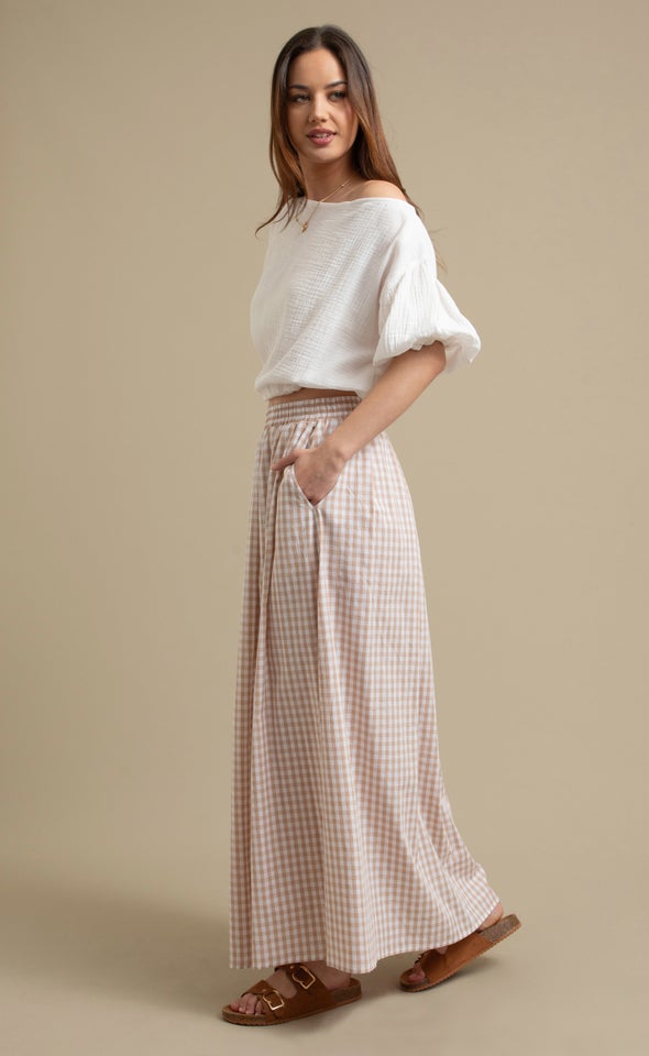 Gingham Maxi Skirt with Pockets Natural/white