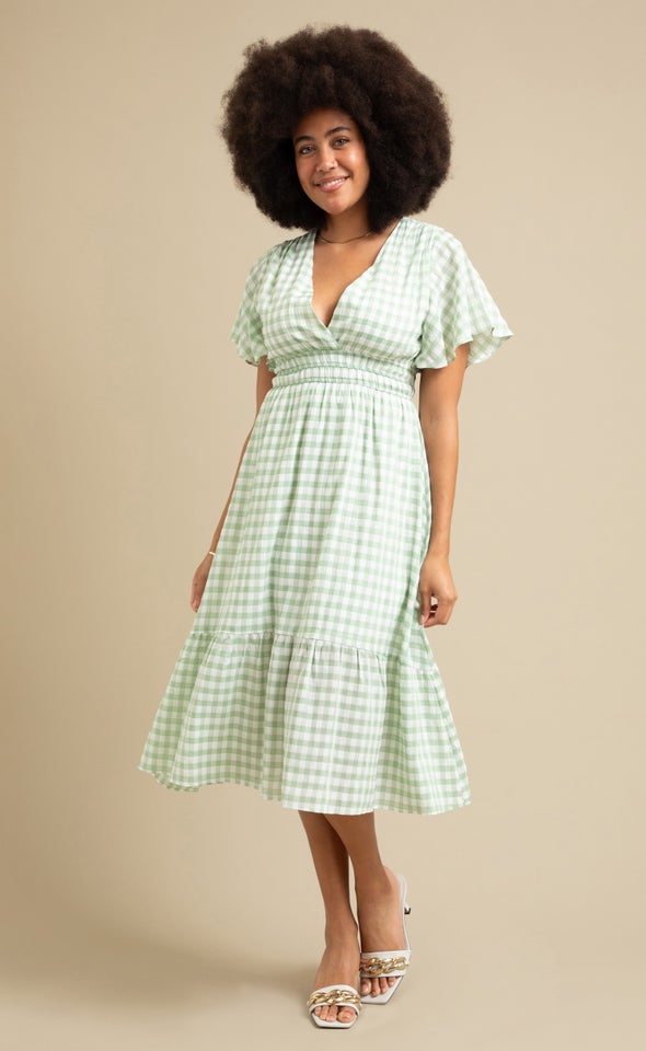 Gingham Tier Midi Dress Cream/apple