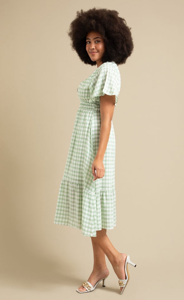 Gingham Tier Midi Dress Cream/apple