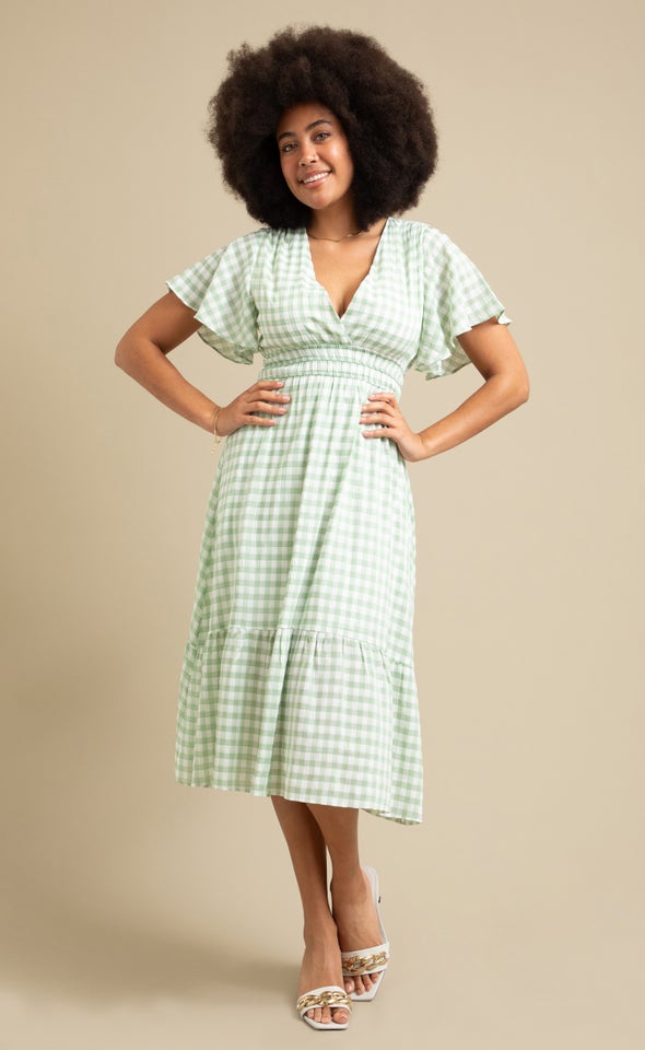 Gingham Tier Midi Dress Cream/apple