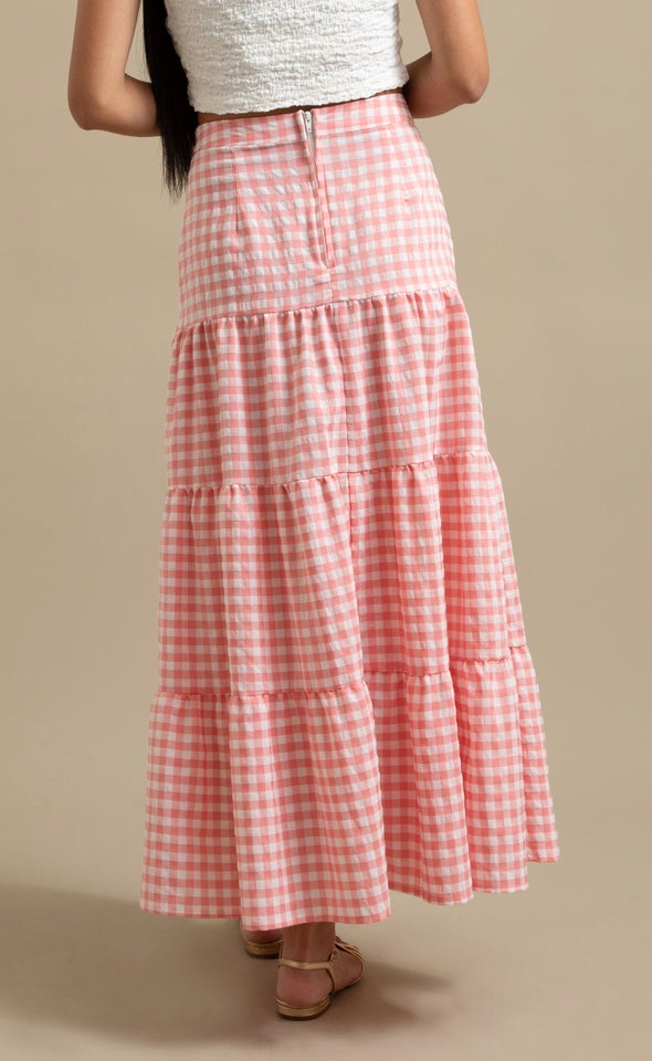 Gingham Tiered Maxi Skirt Cream/pink