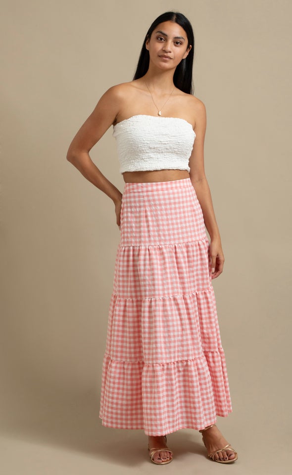 Gingham Tiered Maxi Skirt Cream/pink