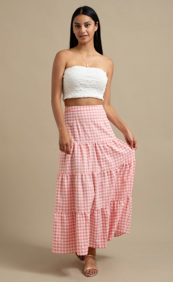 Gingham Tiered Maxi Skirt Cream/pink