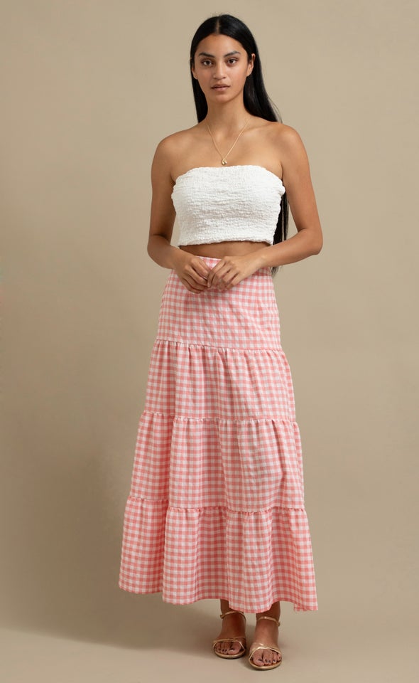 Gingham Tiered Maxi Skirt Cream/pink