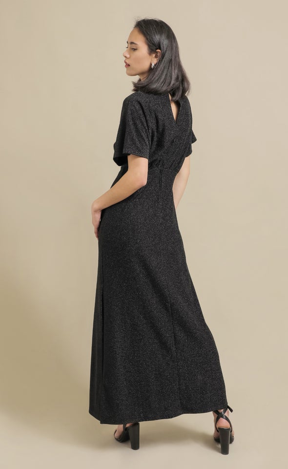 Glitter Knit Flutter Sleeve Gown Black