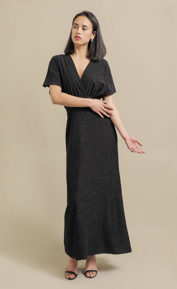 Glitter Knit Flutter Sleeve Gown Black